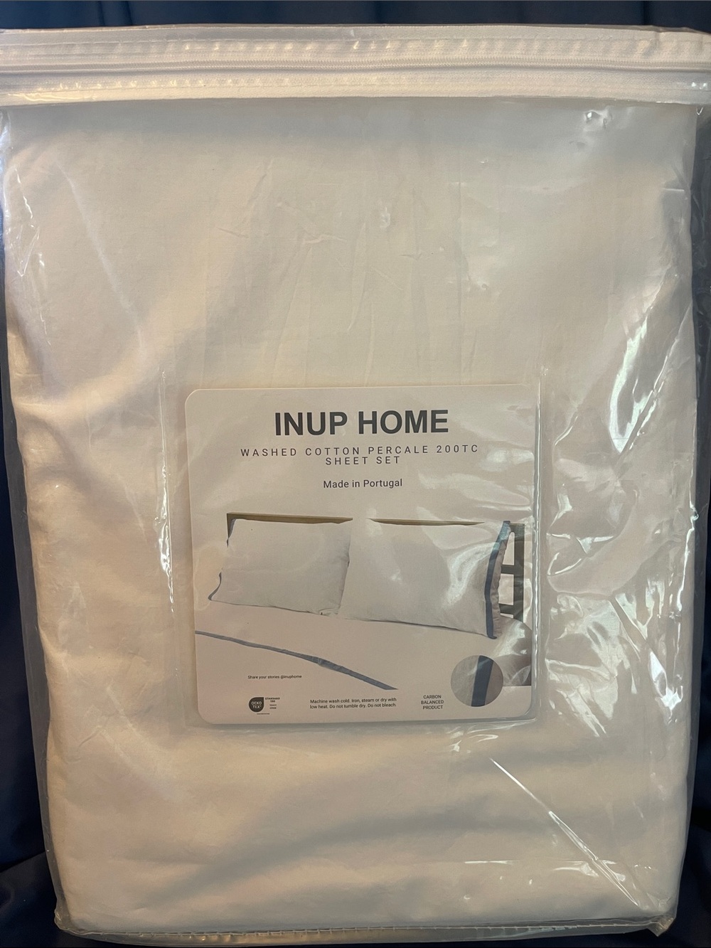 INUP HOME White Cotton Percale Sheet Set with Blue-Grey Trim - Picture 4 of 5